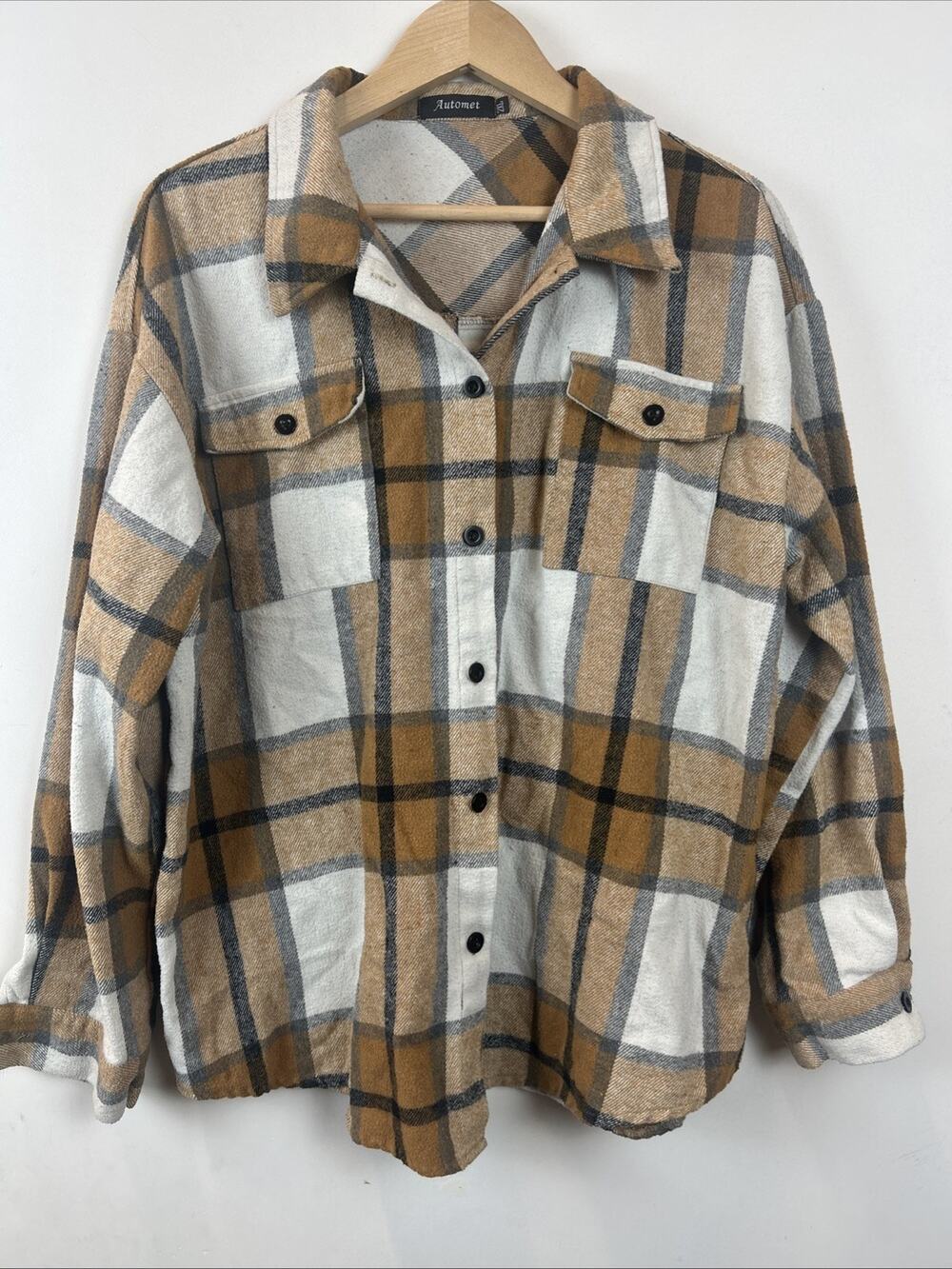 AUTOMET Womens Casual Plaid Shacket Button Down Long Sleeve Shirt Size 2XL